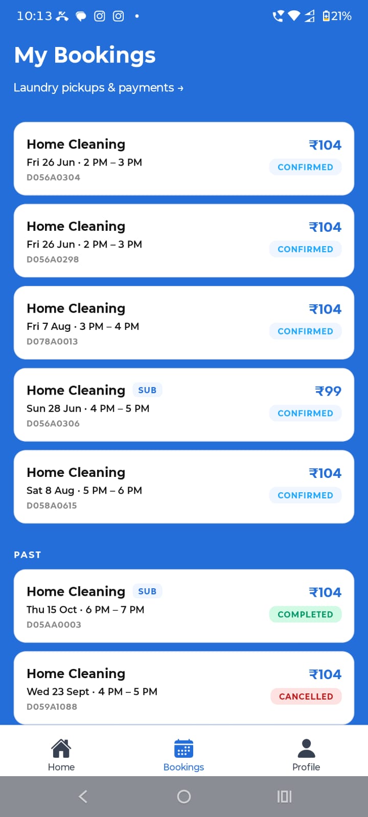 DAYLY mobile app showing confirmed and past bookings