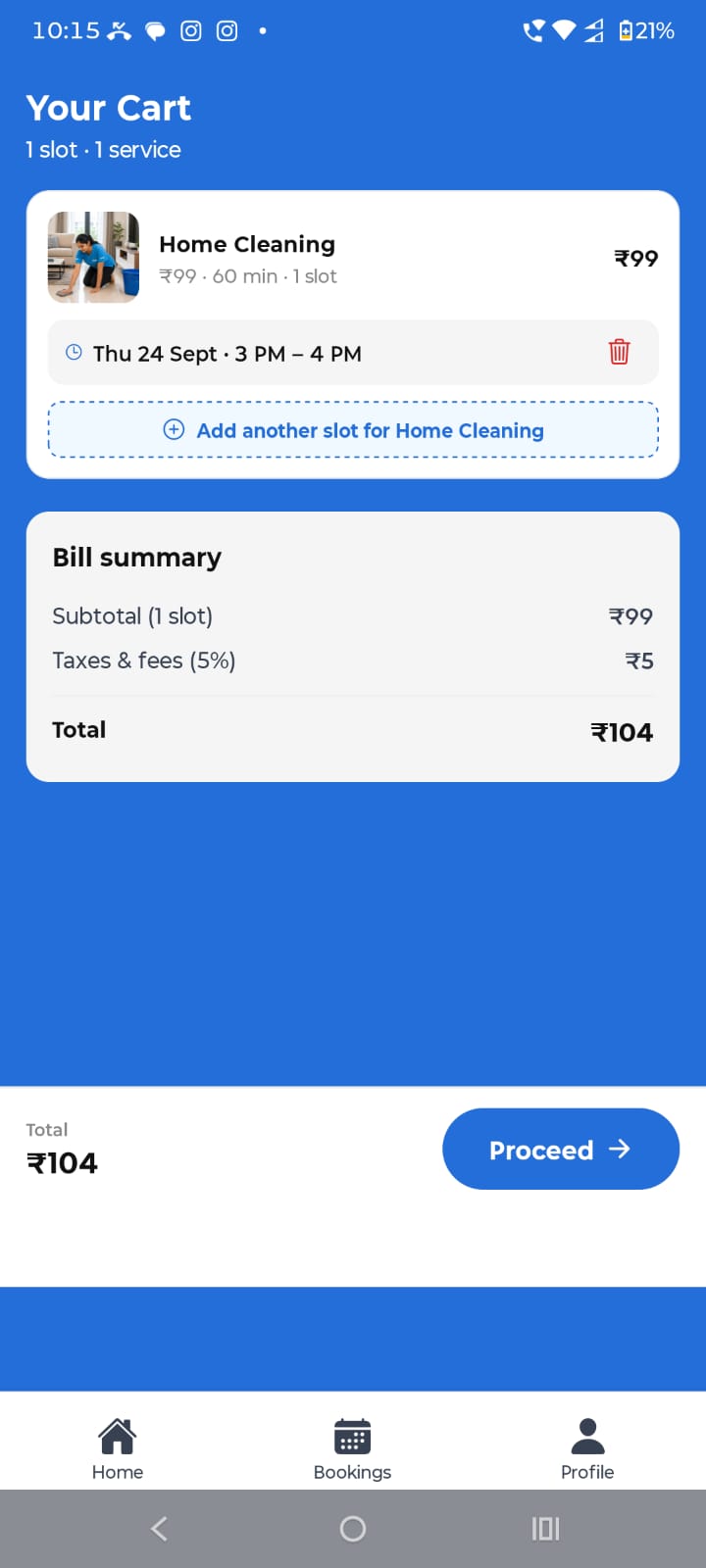 DAYLY mobile app cart showing a selected Home Cleaning appointment and bill summary