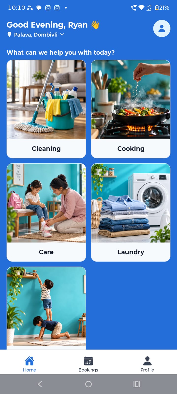 DAYLY mobile app home screen showing Cleaning, Cooking, Care, and Laundry services