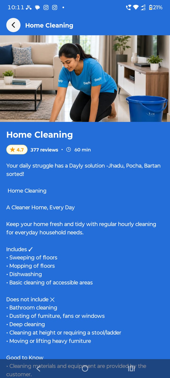 DAYLY mobile app showing Home Cleaning service details